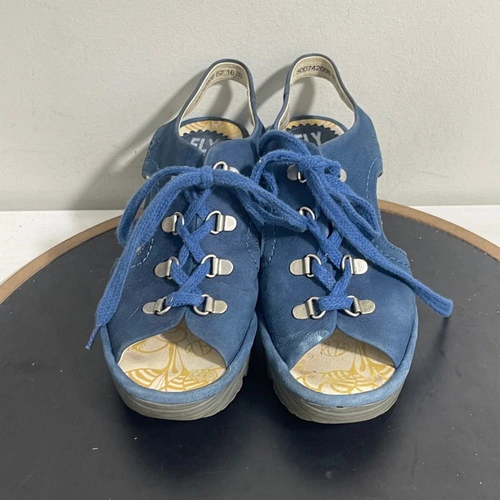 Fly London Slingback Wedge Sandals 8.5 / 39‎ Blue Suede Leather Lace Up Casual